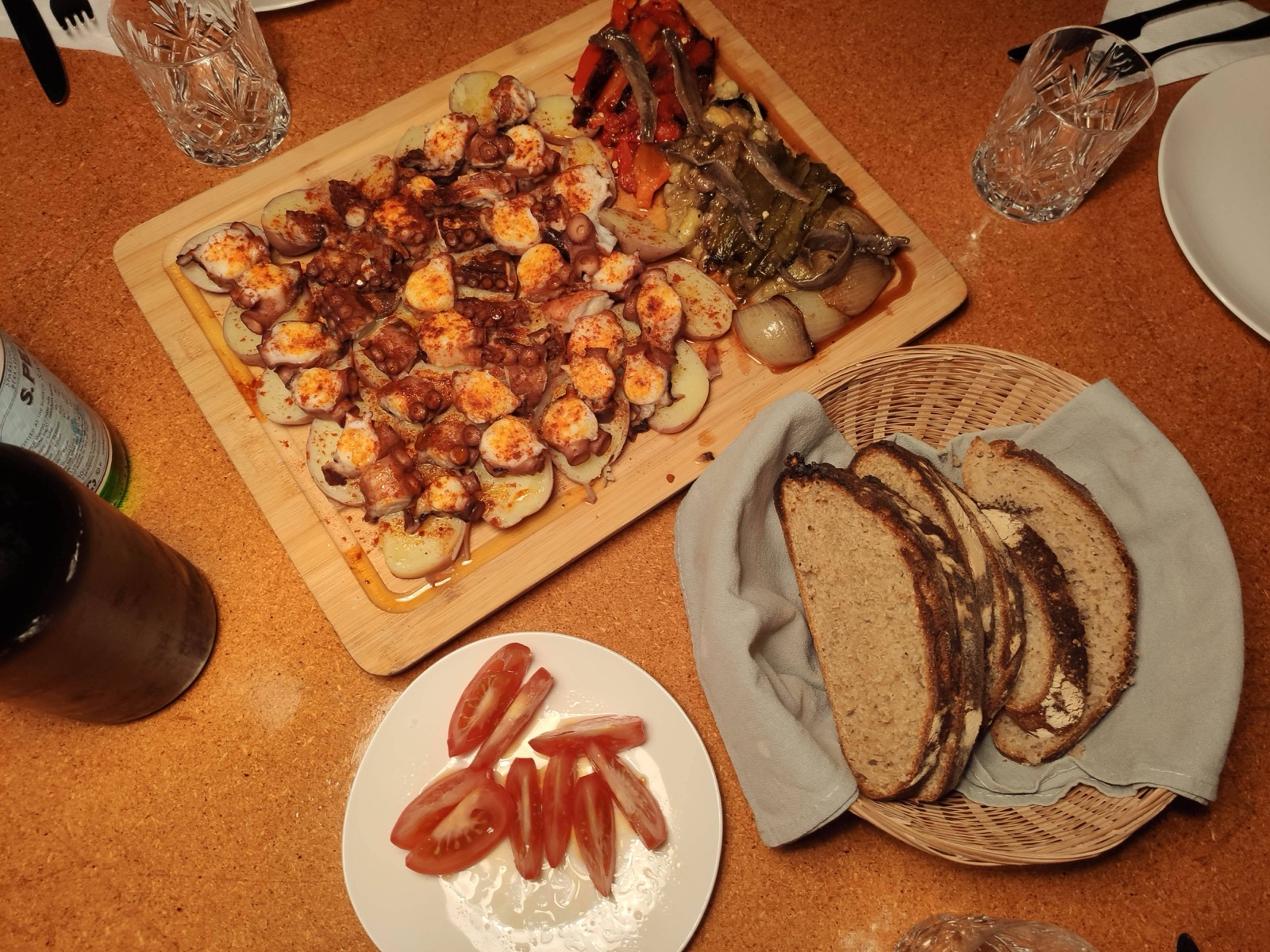 Pulpo a la Gallega, escalivada, sourdough country loaf