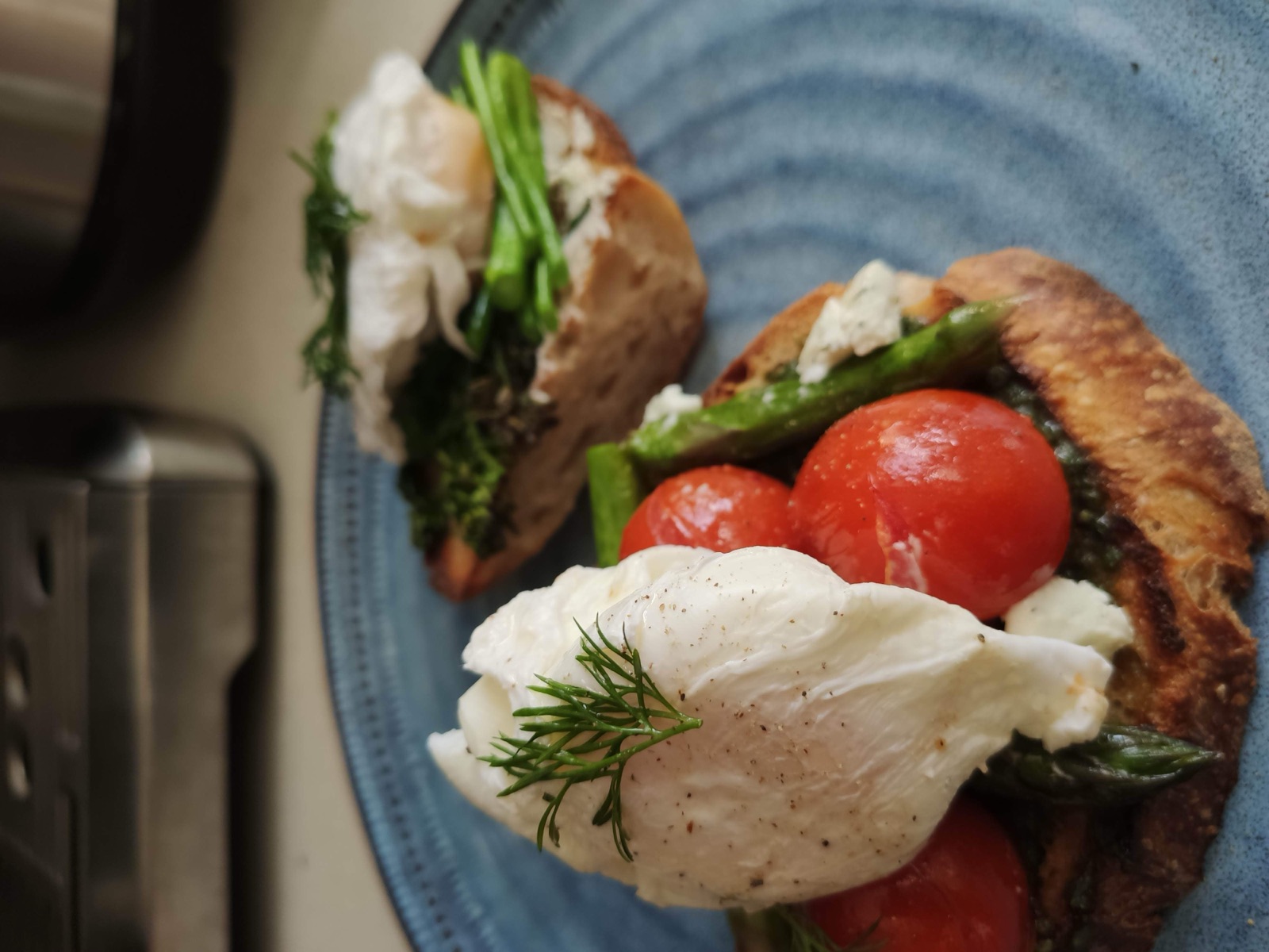 Poached eggs on sourdough with random veg