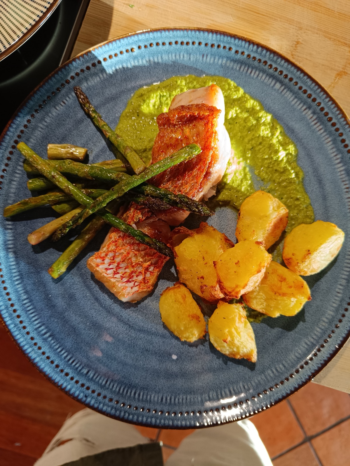 Snapper, kale stem salsa verde, veg